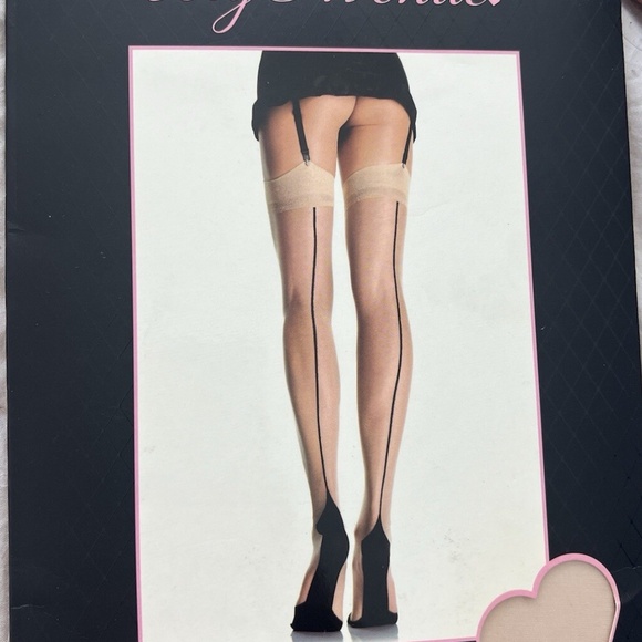 LOT OF 2 CUBAN HEEL STOCKINGS NEW FULL FASHION RED/BEIGE + BLACK/BEIGE One Size - Picture 4 of 6